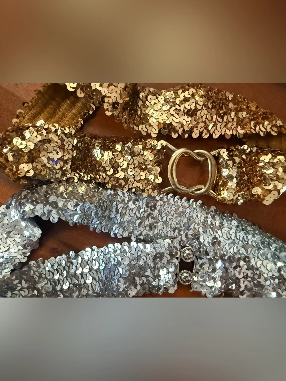 Bundle of 8 Sequin Elastic Waist Belts in Gold, Silver, Black and Brown
